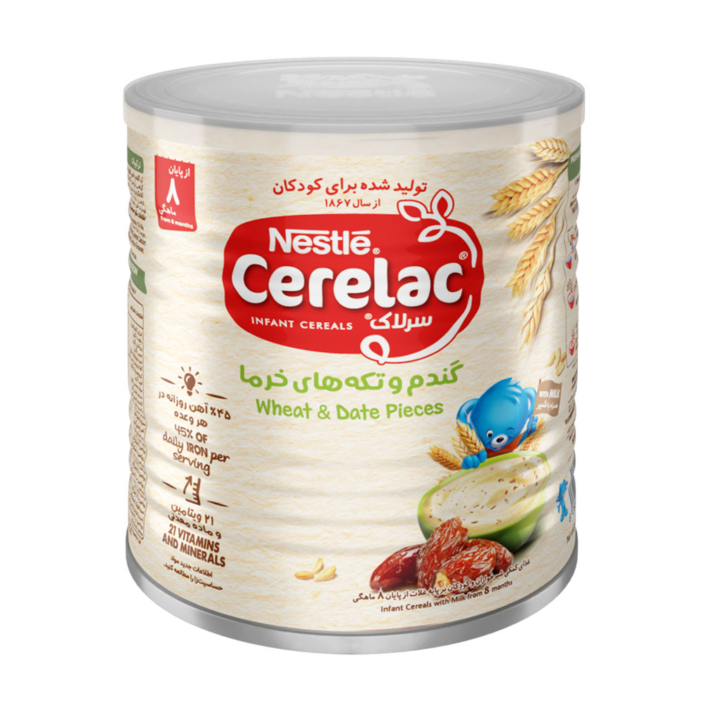 سرلاک گندم و تکه های خرما به همراه شیر نستله مناسب کودکان از پایان ۸ ماهگی ۴۰۰ گرم سرلاک گندم و تکه های خرما به همراه شیر نستله مناسب کودکان از پایان ۸ ماهگی ۴۰۰ گرم